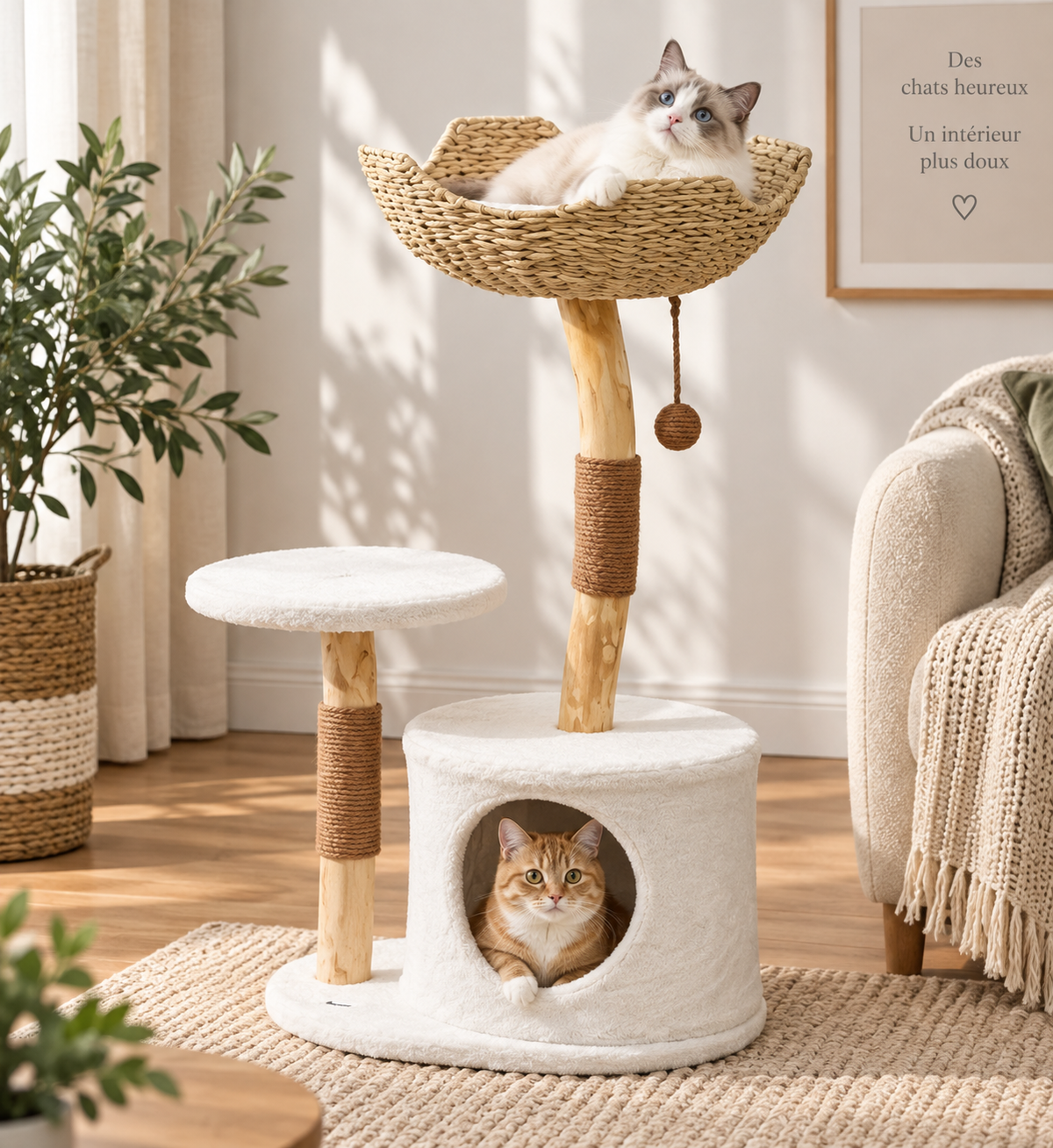 Arbre à Chat Noma M – Bois Naturel, Niche & Couchage