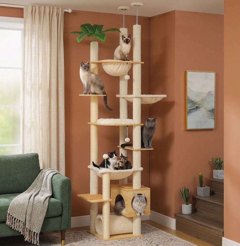 Arbre à Chat Sol-Plafond Atlas – 7 Niveaux, Hamac & Griffoirs