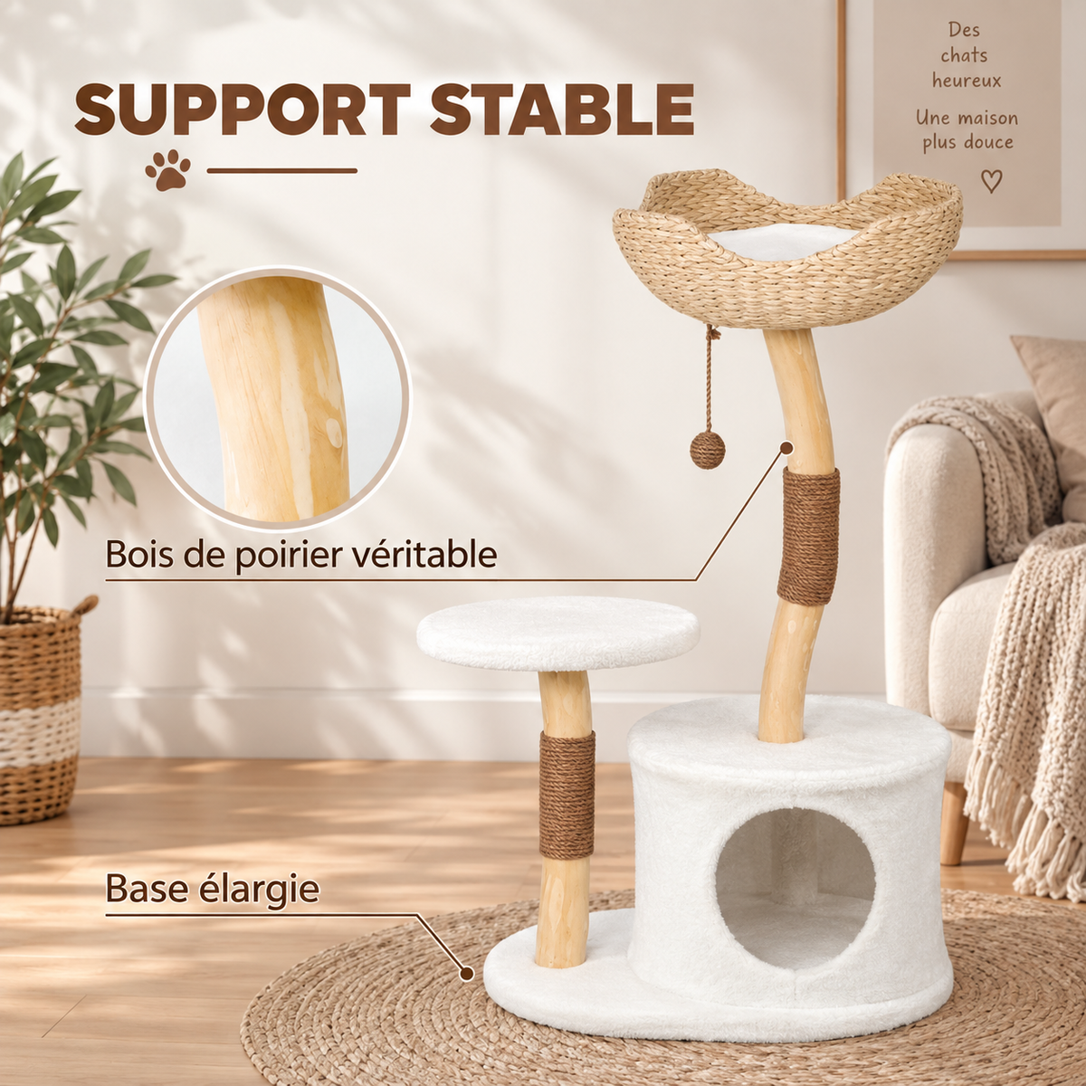 Arbre à Chat Noma M – Bois Naturel, Niche & Couchage