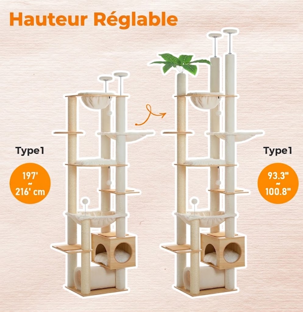 Arbre à Chat Sol-Plafond Atlas – 7 Niveaux, Hamac & Griffoirs