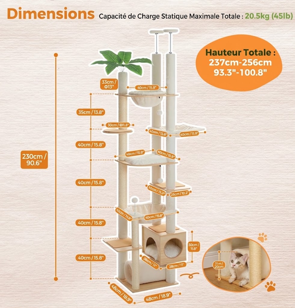 Arbre à Chat Sol-Plafond Atlas – 7 Niveaux, Hamac & Griffoirs